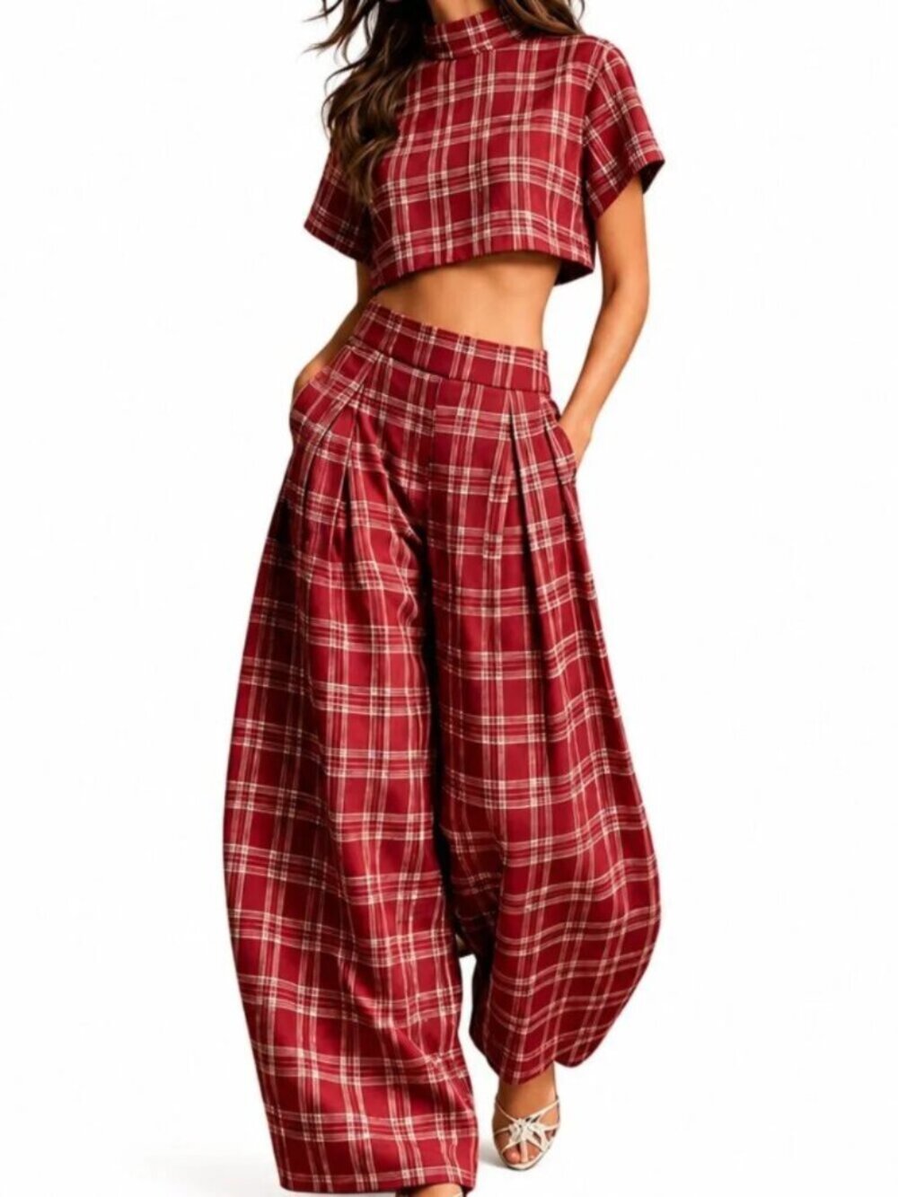 Red & White Plaid Short Top + Wide Leg Pants Set